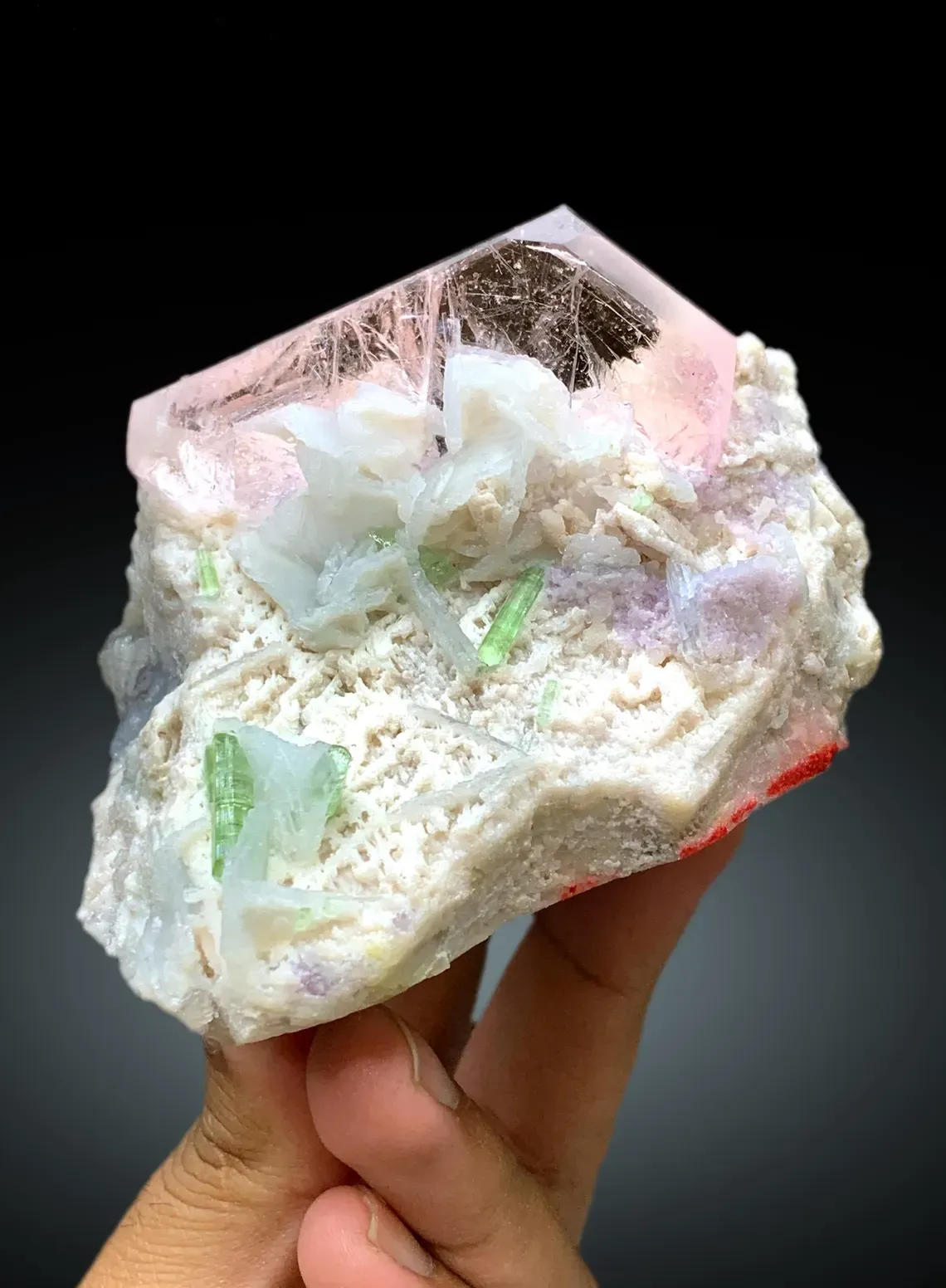 Pink Morganite with Green Tourmalines, Lepidolite and Cleavelandite Albite Specimen - 382 gram - image 1