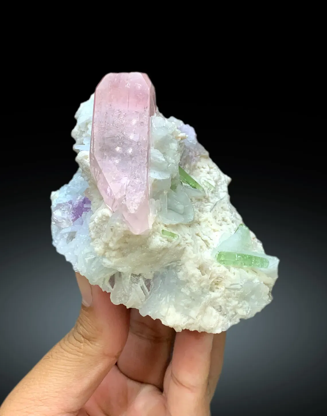 Pink Morganite with Green Tourmalines, Lepidolite and Cleavelandite Albite Specimen - 382 gram - image 9