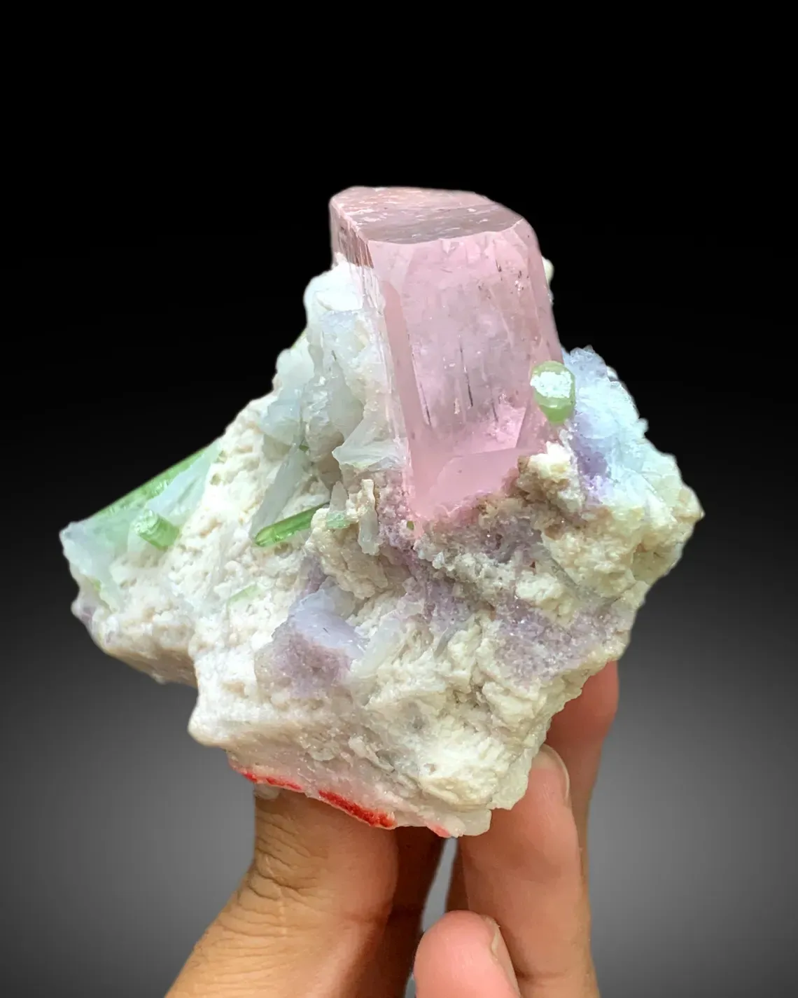 Pink Morganite with Green Tourmalines, Lepidolite and Cleavelandite Albite Specimen - 382 gram - image 7