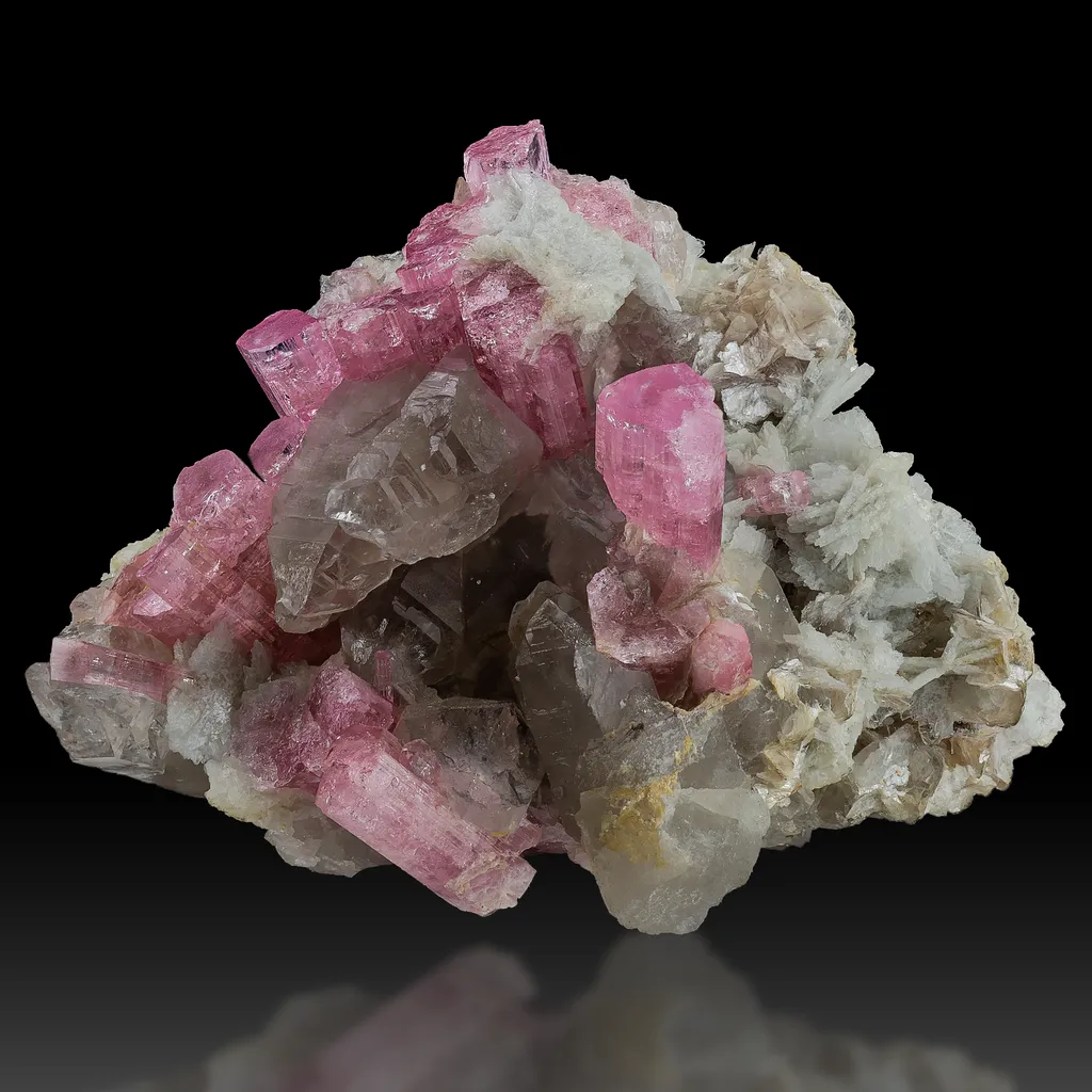 Cluster of pink tourmaline with quartz, cleavelandite, and mica from Pachigram — credit: EarthWonders