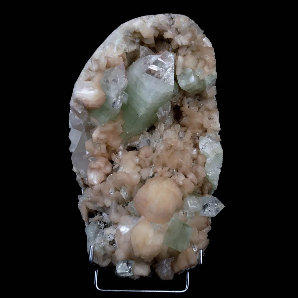 Pointed Green Apophyllite with Stilbite Inside Geode Natural Mineral Specimen image