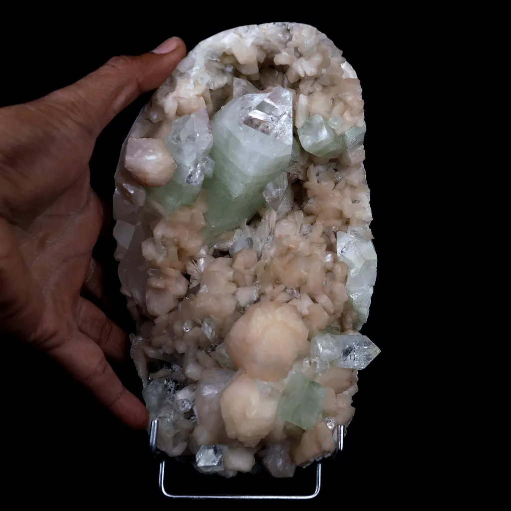 Pointed Green Apophyllite with Stilbite Inside Geode Natural Mineral Specimen - image 4