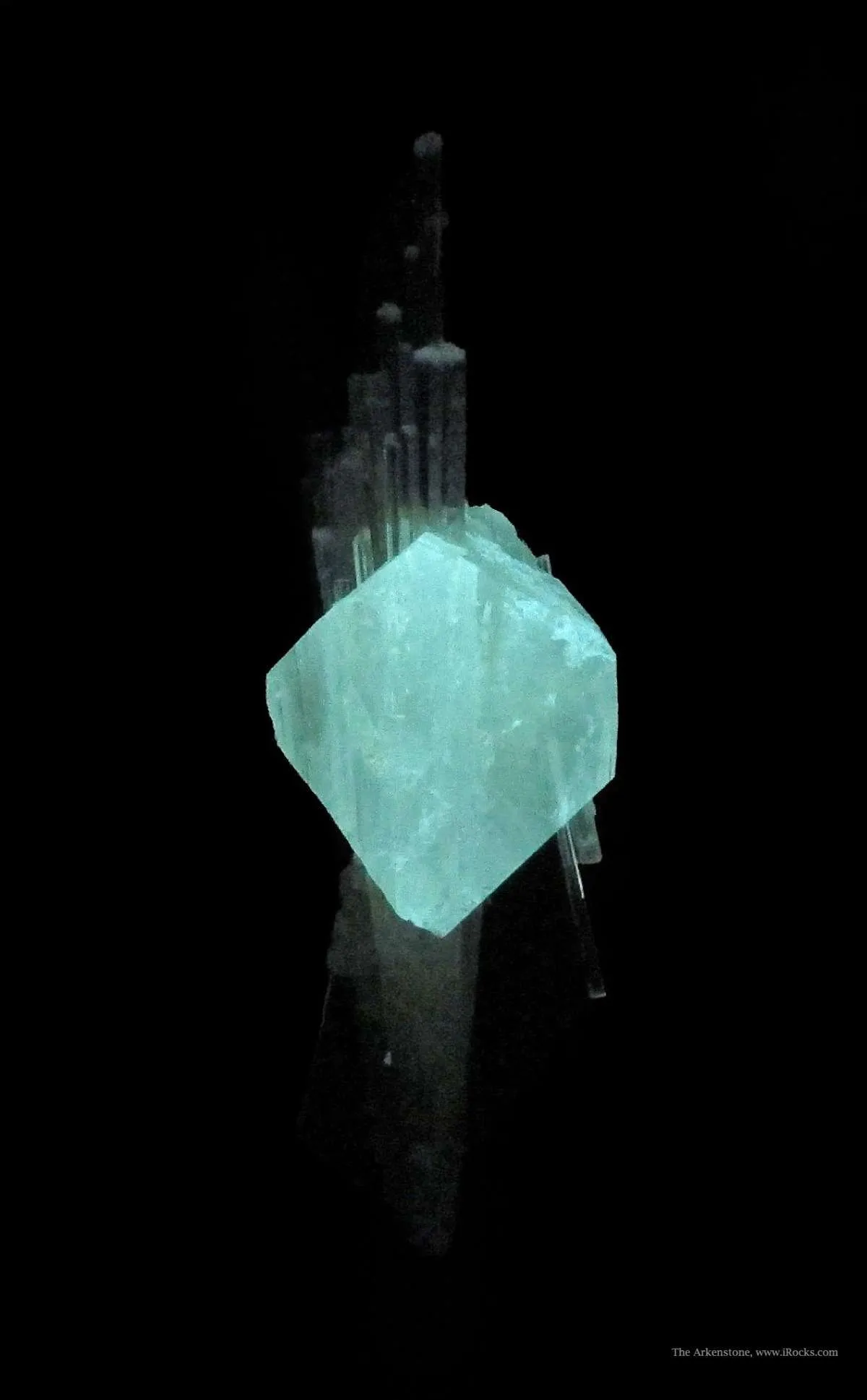 Powellite (Fluorescent) and Apophyllite on Scolecite - image 5