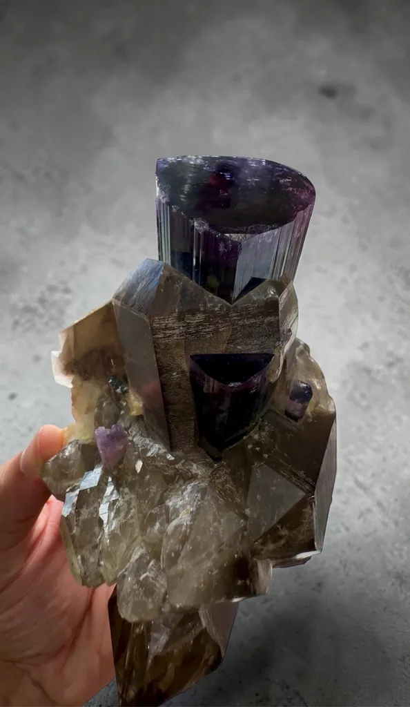 Purple cap Tourmaline with smoke Quartz on matrix specimen from Afghanistan - image 4