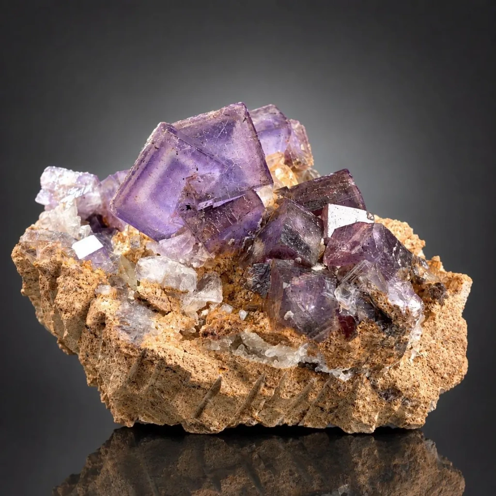 Purple Cubic Phantom Fluorite with calcite on Matrix from Pakistan - image 3