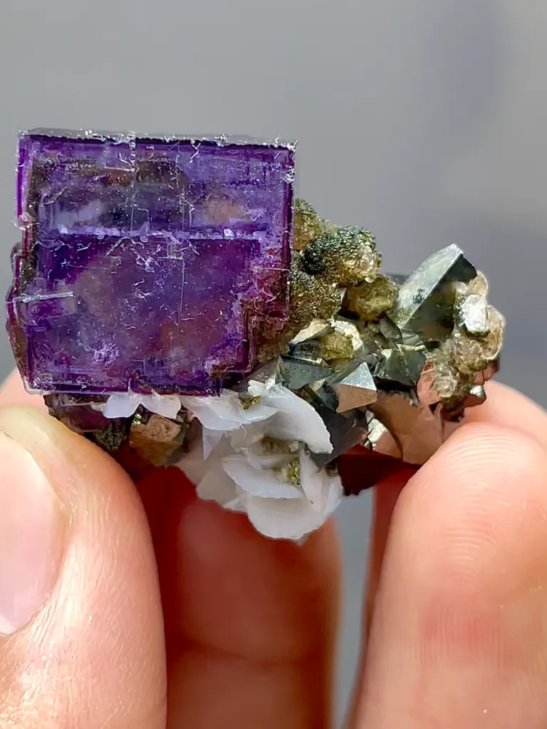 Purple Fluorite and Pyrite and Flaky Calcite Coexist comes from Yaogangxian,Hunan 30*20*25MM image