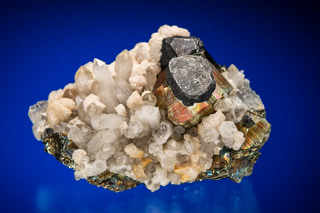 Pyrite with Tetrahedrite and Calcite on Quartz image