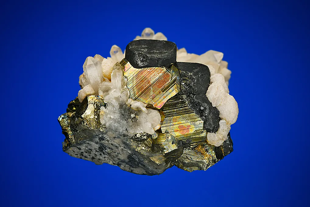 Pyrite with Tetrahedrite and Calcite on Quartz - image 3