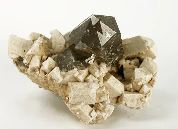 Quartz (Var: Smoky Quartz), Microcline, Albite, Limonite image