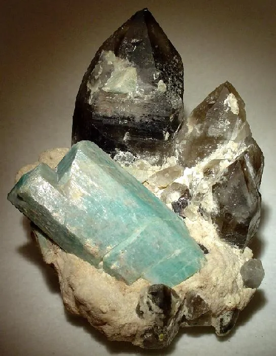 Quartz (Var: Smoky Quartz), Microcline (Var: Amazonite), Feldspar Group image