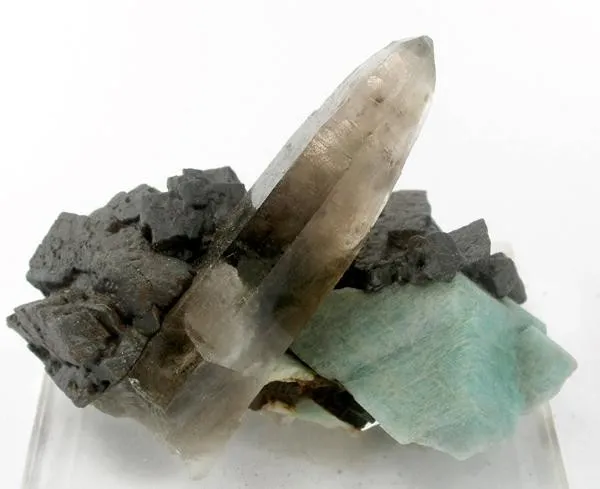 Quartz (Var: Smoky Quartz), Microcline (Var: Amazonite), Goethite image