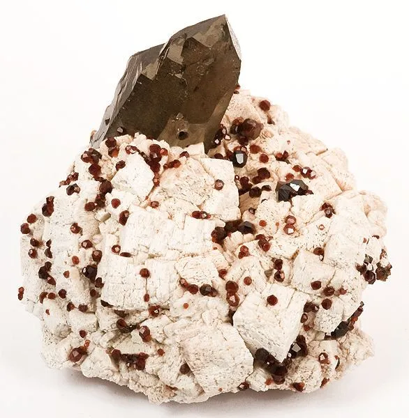 Quartz (Var: Smoky Quartz), Spessartine, Feldspar Group image