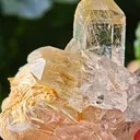 Quartz with golden rutile from Novo Horizonte, Brazil. Water-clear quartz points shot through with radiant sprays of golden rutile needles - image 7
