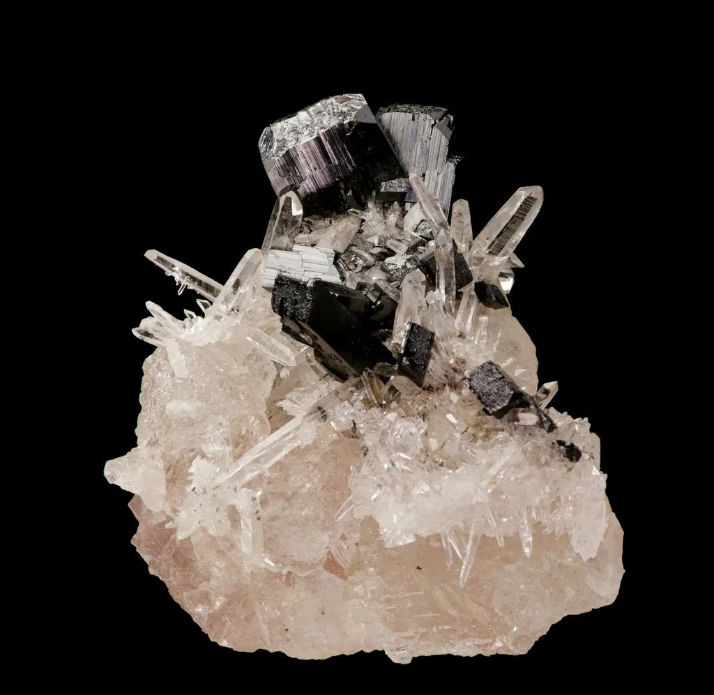 Quartz with Hubnerite on Pink Fluorite - image 2