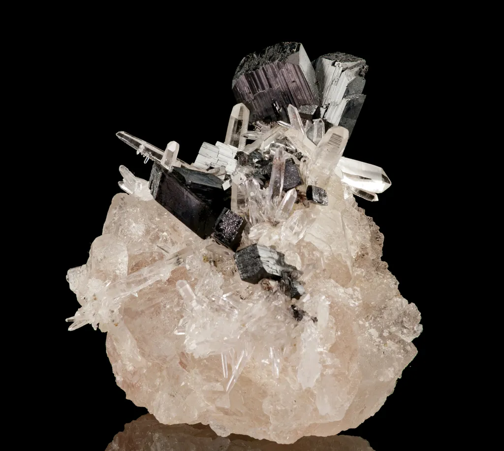 Quartz with Hubnerite on Pink Fluorite - image 3
