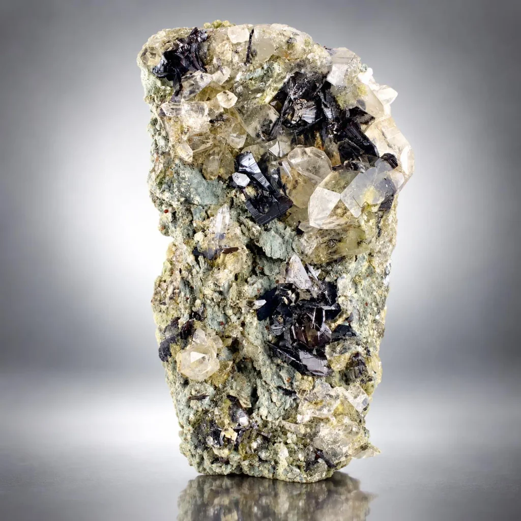 Rare Black Brookite Cluster with Quartz on Matrix from Pakistan image
