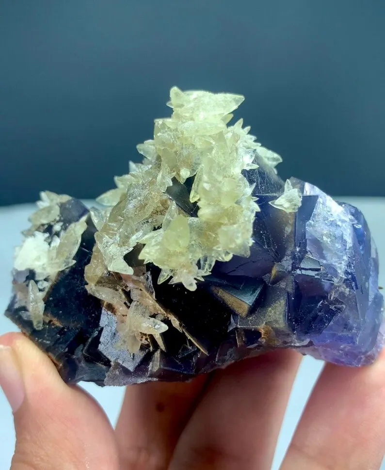 Rare Blue Fluorite Specimen on Matrix with Calcite - Natural Pakistan Mineral - image 4