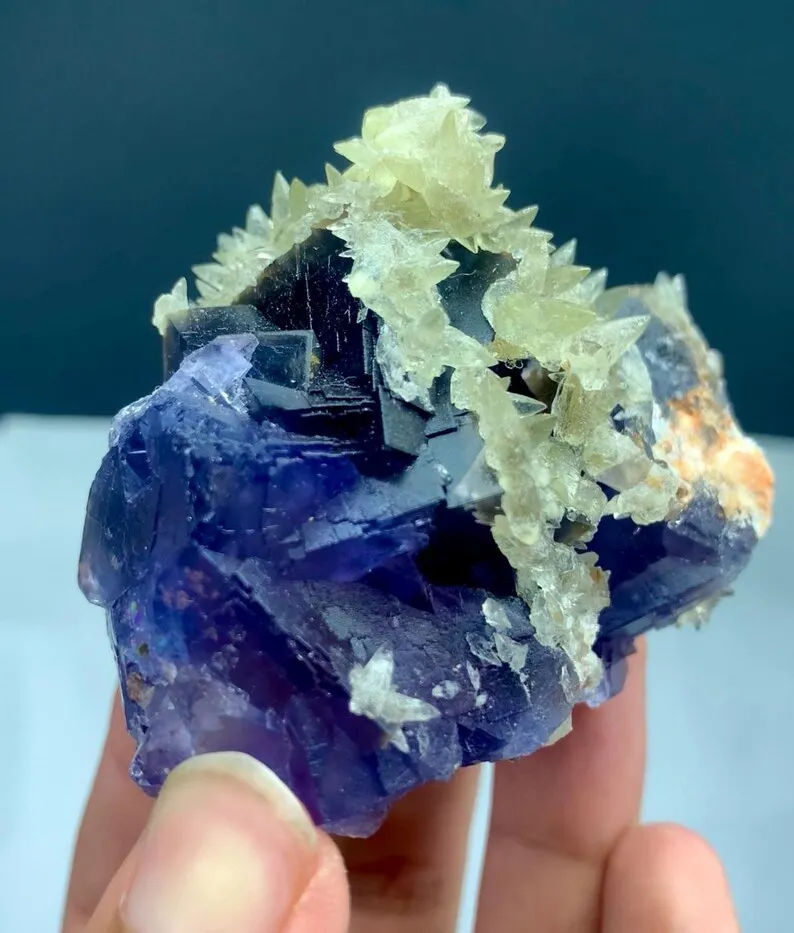 Rare Blue Fluorite Specimen on Matrix with Calcite - Natural Pakistan Mineral - image 6