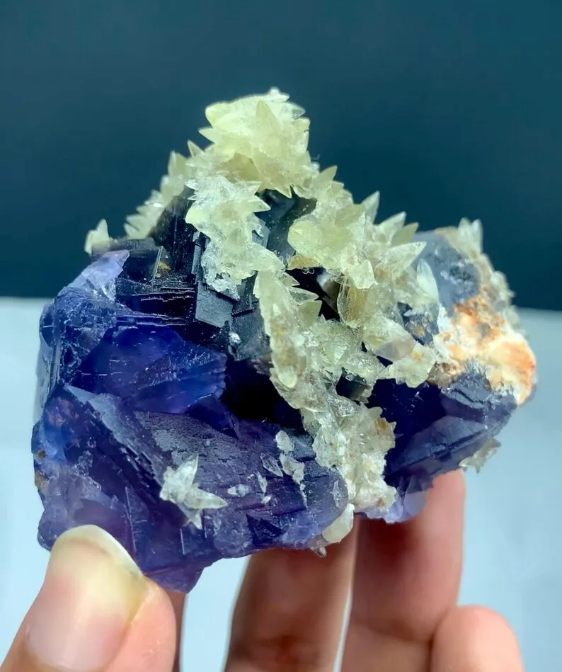 Rare Blue Fluorite Specimen on Matrix with Calcite - Natural Pakistan Mineral image