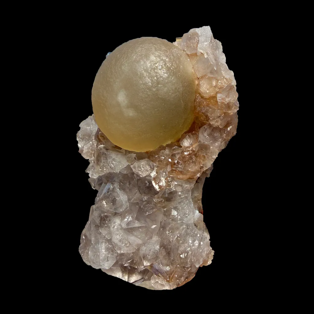 Rare Botryoidal Yellow Fluorite Ball on Amethyst Quartz Cluster – Natural Mineral Specimen from Madhya Pradesh - image 3