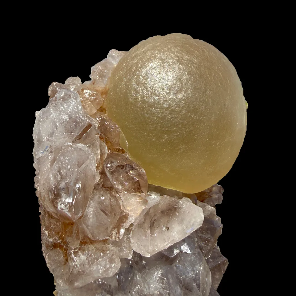 Rare Botryoidal Yellow Fluorite Ball on Amethyst Quartz Cluster – Natural Mineral Specimen from Madhya Pradesh - image 8