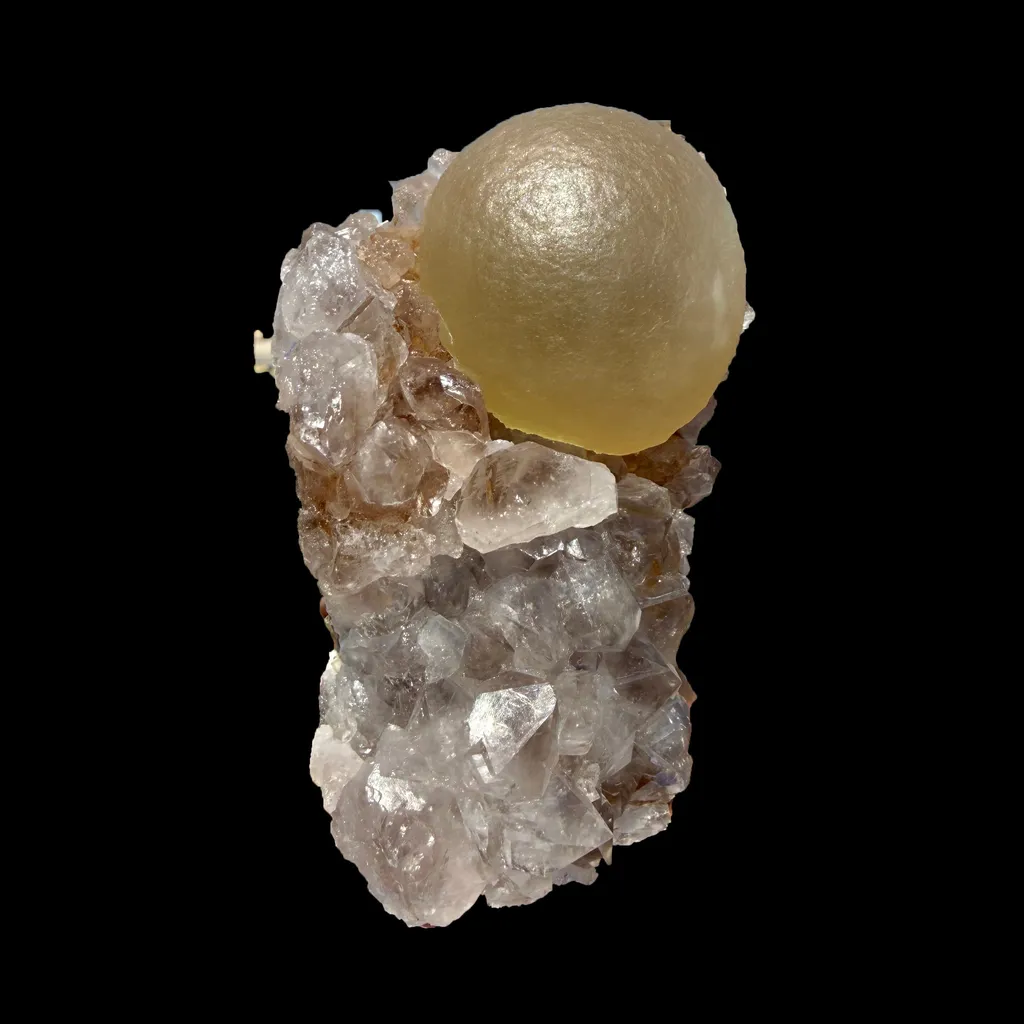 Rare Botryoidal Yellow Fluorite Ball on Amethyst Quartz Cluster – Natural Mineral Specimen from Madhya Pradesh - image 4