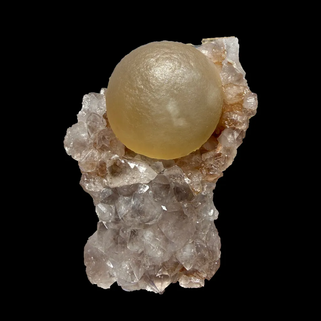 Rare Botryoidal Yellow Fluorite Ball on Amethyst Quartz Cluster – Natural Mineral Specimen from Madhya Pradesh image