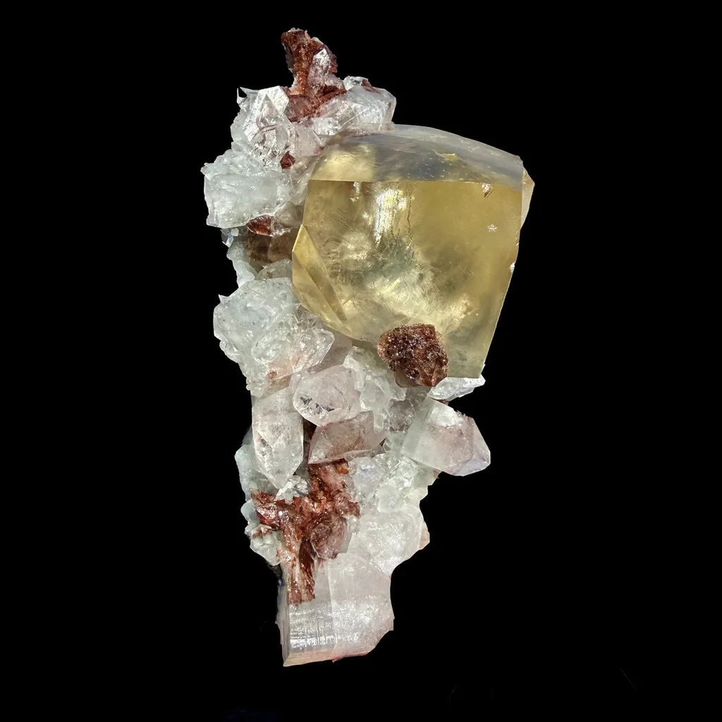 Rare Calcite Cube with Red Apophyllite – Natural Indian Zeolite Mineral Specimen | Collector Grade Crystal Display Piece image