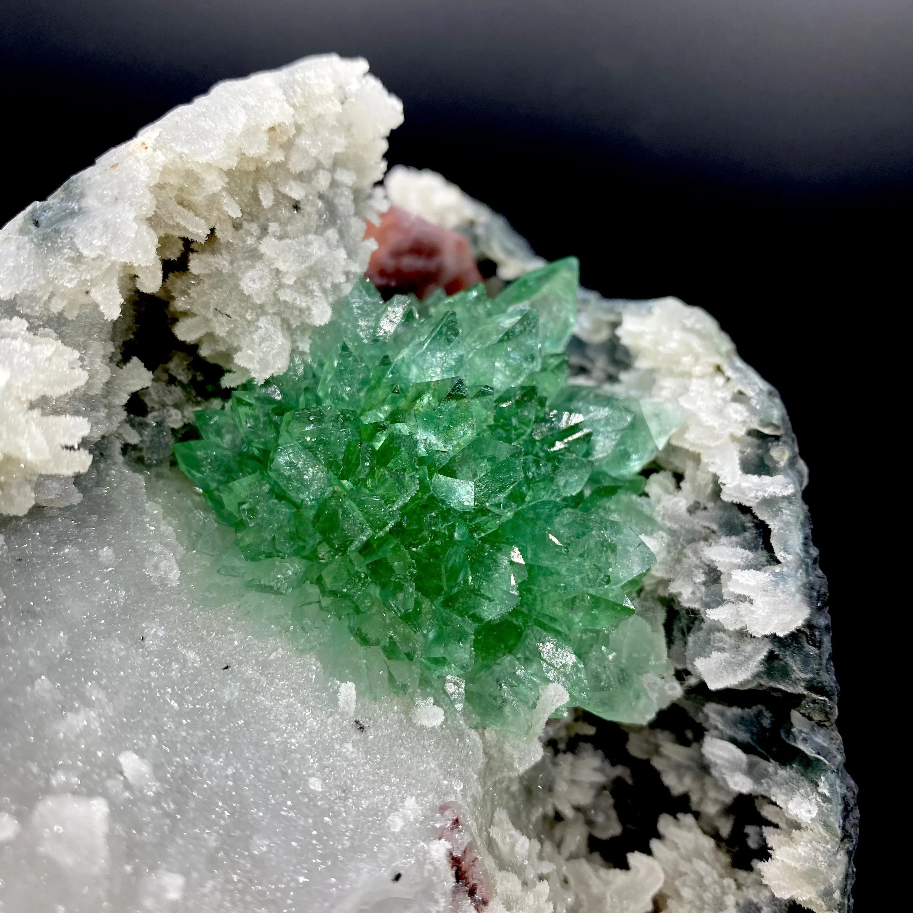 Rare Deep Green Apophyllite Flower with Red Stilbite on Calcite & Chalcedony | Old School Savda Quarry Zeolite Specimen, India DK103 - image 4