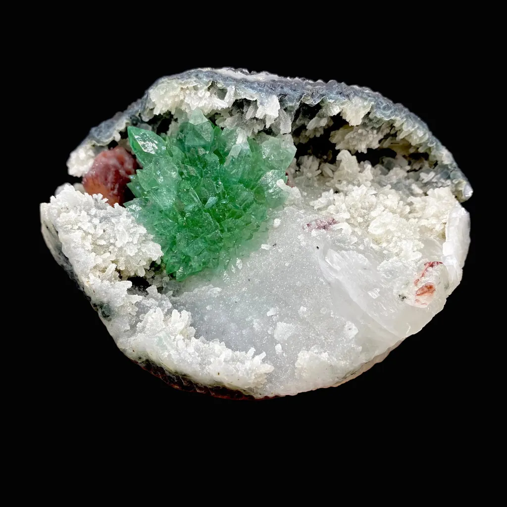 Rare Deep Green Apophyllite Flower with Red Stilbite on Calcite & Chalcedony | Old School Savda Quarry Zeolite Specimen, India DK103 image