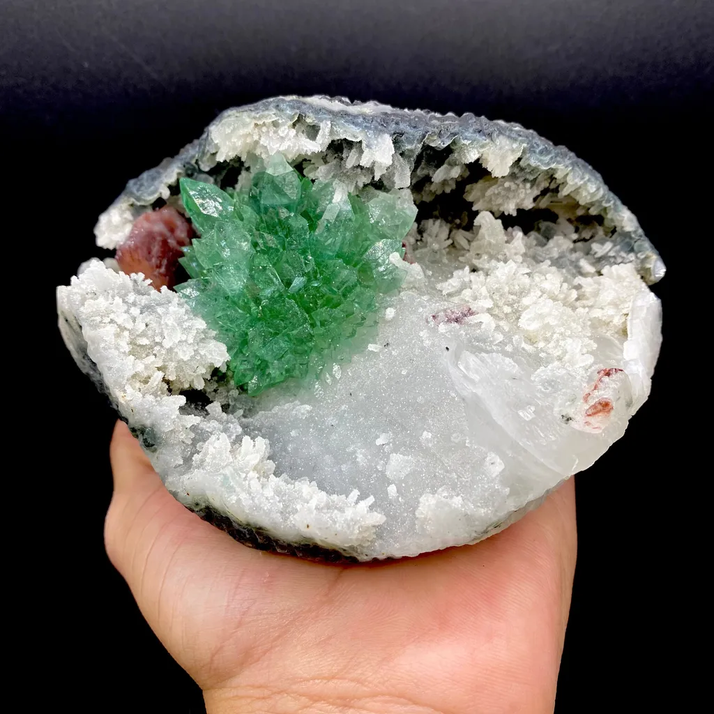 Rare Deep Green Apophyllite Flower with Red Stilbite on Calcite & Chalcedony | Old School Savda Quarry Zeolite Specimen, India DK103 image