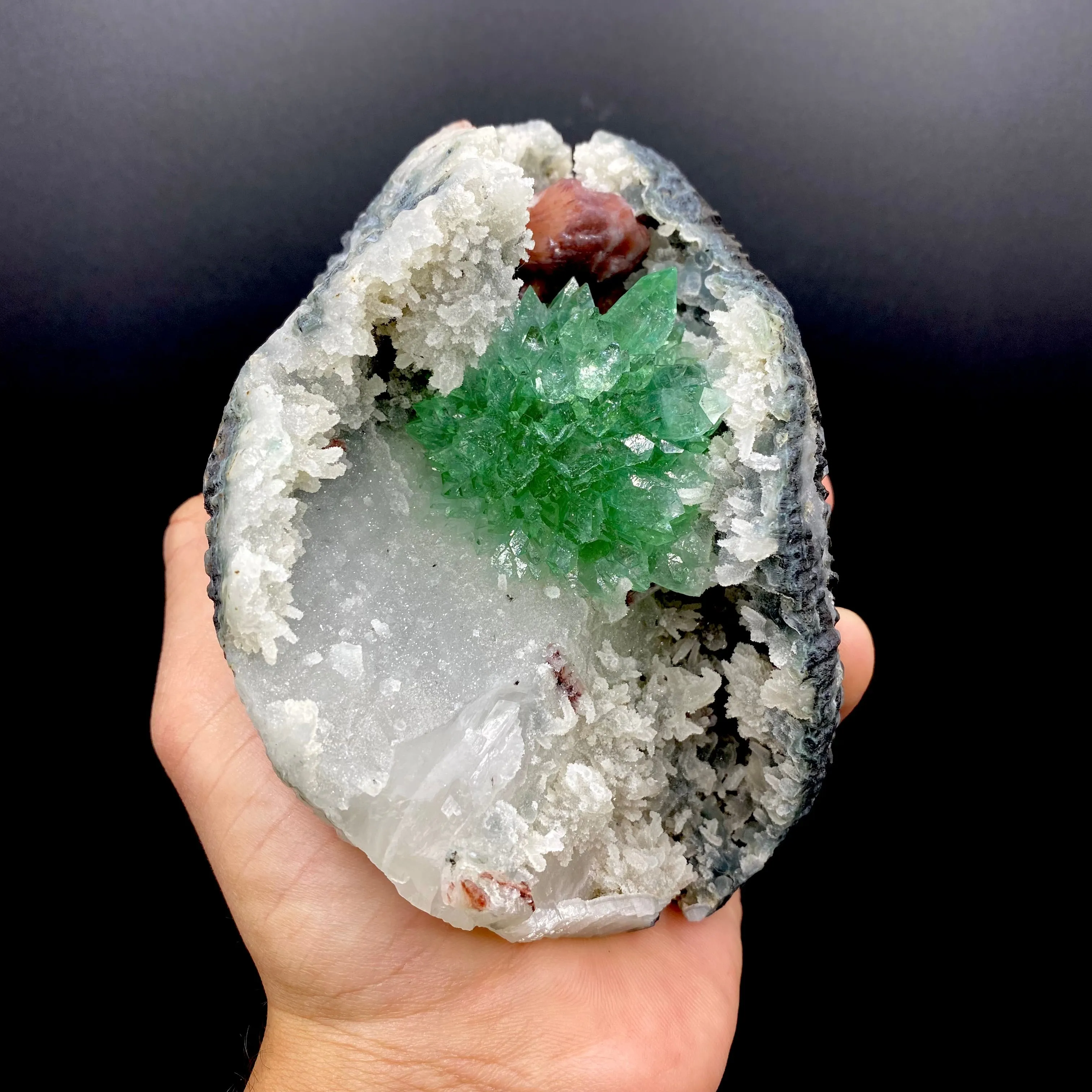 Rare Deep Green Apophyllite Flower with Red Stilbite on Calcite & Chalcedony | Old School Savda Quarry Zeolite Specimen, India DK103 - image 2