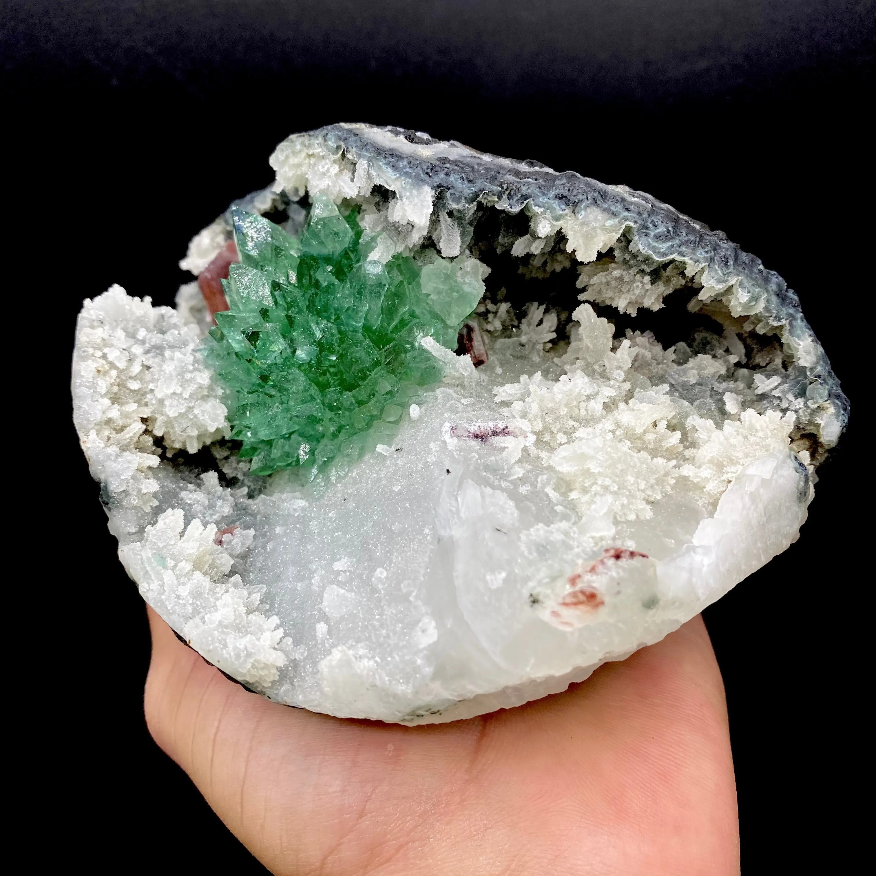 Rare Deep Green Apophyllite Flower with Red Stilbite on Calcite & Chalcedony | Old School Savda Quarry Zeolite Specimen, India DK103 - image 3