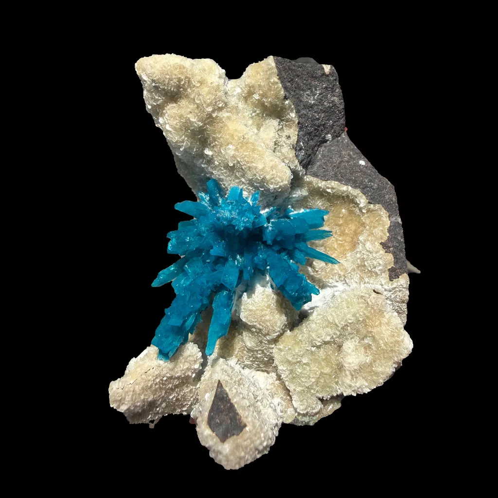 Rare Electric-Blue Pentagonite Crystal Spray on Heulandite Matrix – Natural Mineral Specimen from Wagholi, Pune image