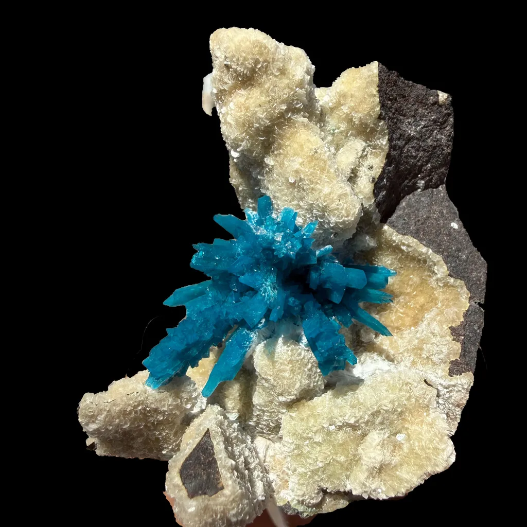 Rare Electric-Blue Pentagonite Crystal Spray on Heulandite Matrix – Natural Mineral Specimen from Wagholi, Pune - image 3