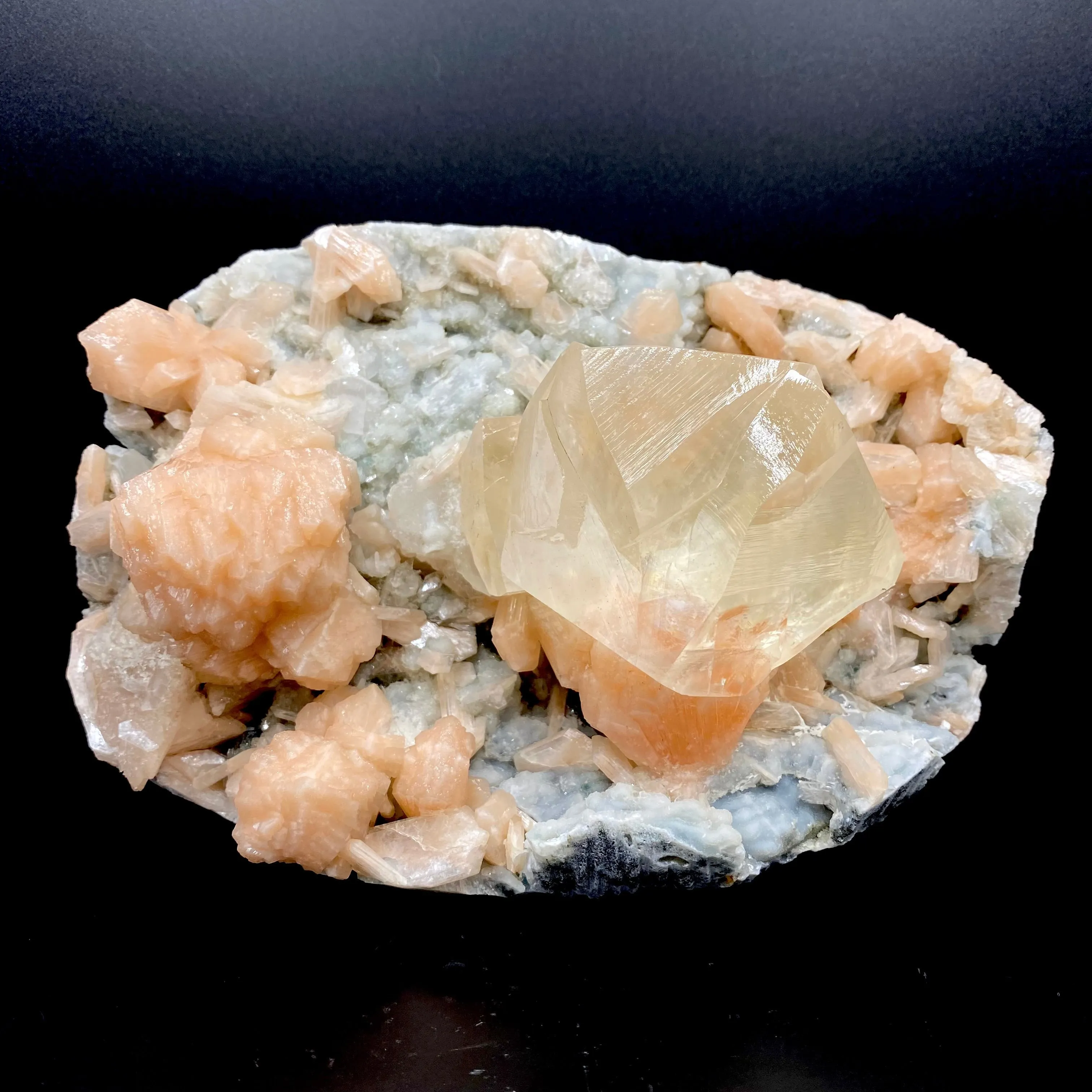 Rare Gemmy Calcite on Bright Orange Stilbite – Indian Zeolite Mineral Specimen from Jalgaon DK114 - image 1