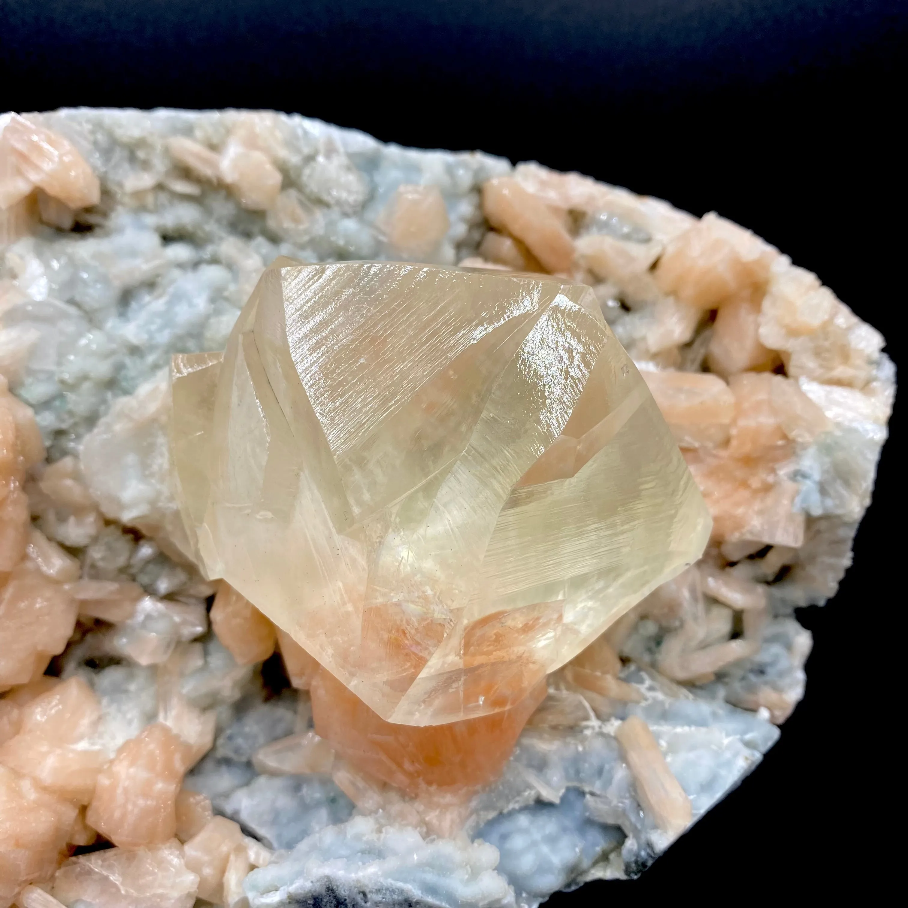 Rare Gemmy Calcite on Bright Orange Stilbite – Indian Zeolite Mineral Specimen from Jalgaon DK114 - image 5