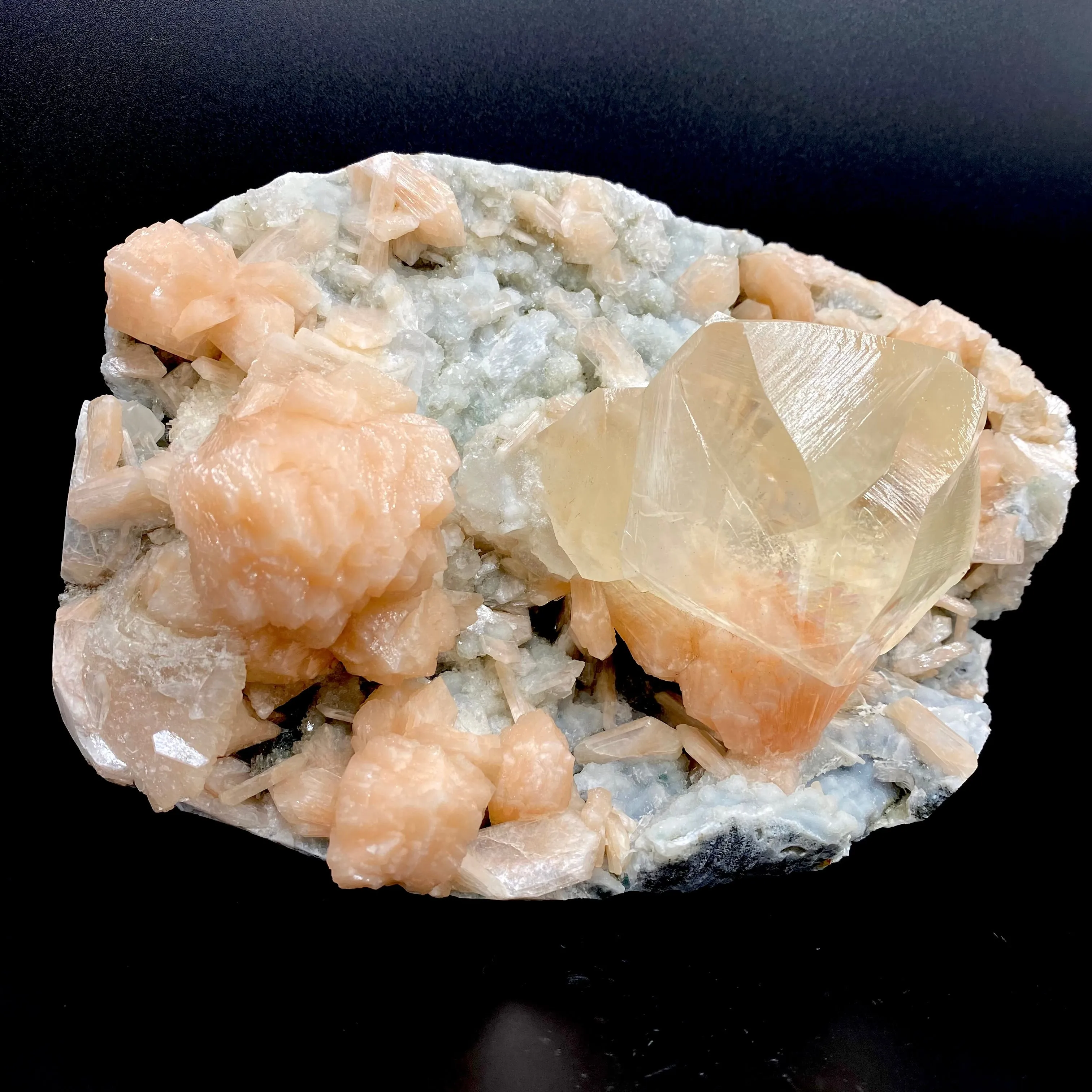 Rare Gemmy Calcite on Bright Orange Stilbite – Indian Zeolite Mineral Specimen from Jalgaon DK114 - image 6
