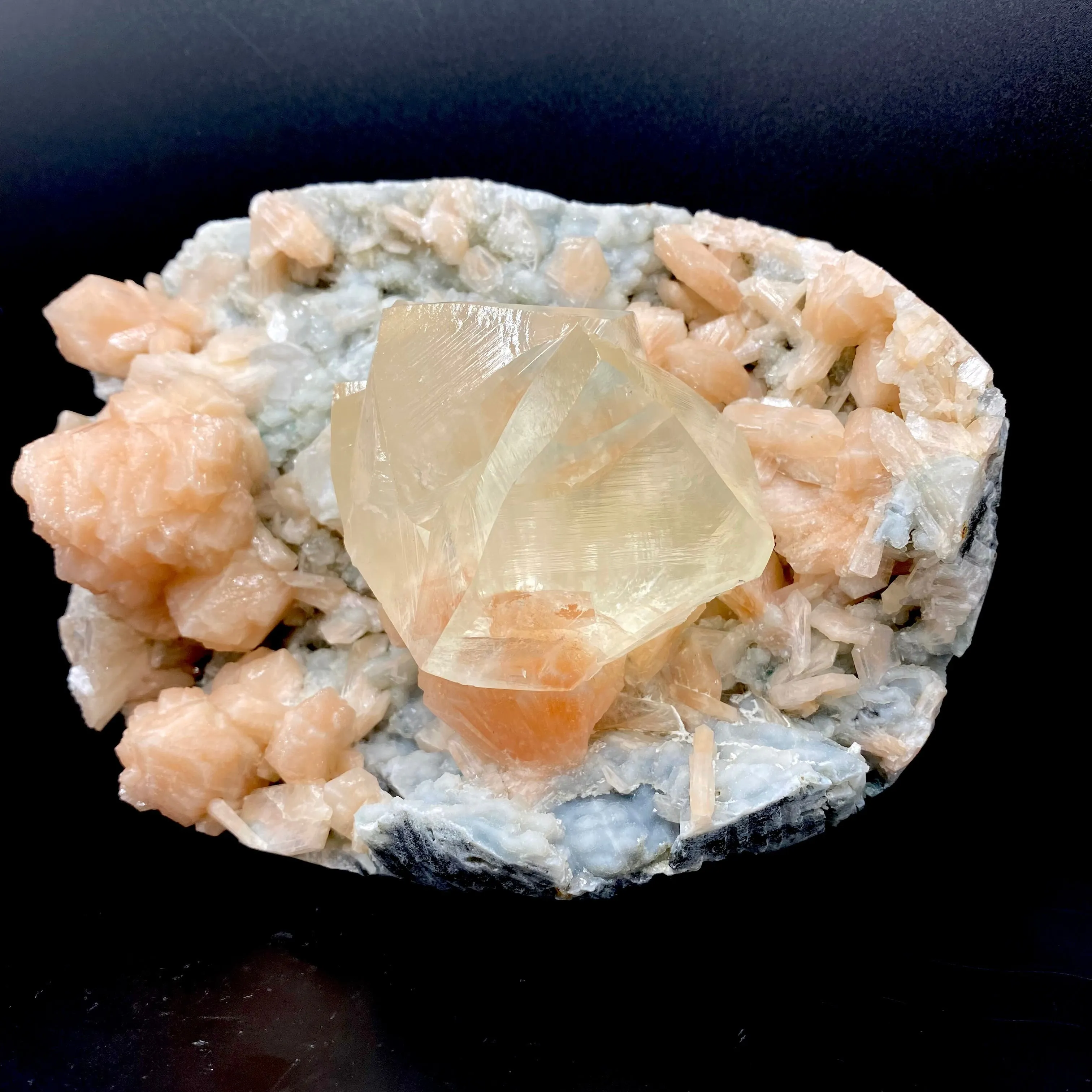 Rare Gemmy Calcite on Bright Orange Stilbite – Indian Zeolite Mineral Specimen from Jalgaon DK114 - image 4