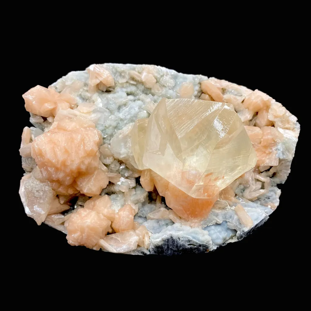 Rare Gemmy Calcite on Bright Orange Stilbite – Indian Zeolite Mineral Specimen from Jalgaon DK114 image