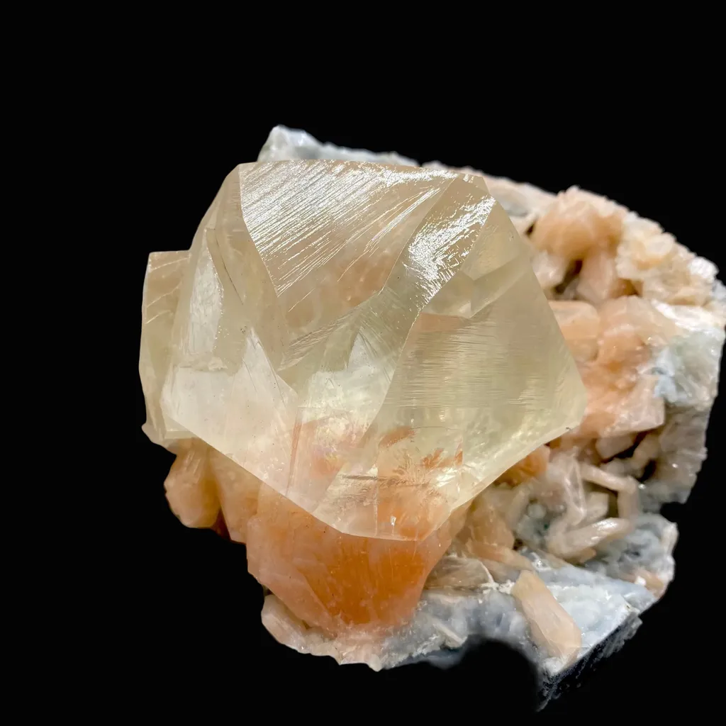 Rare Gemmy Calcite on Bright Orange Stilbite – Indian Zeolite Mineral Specimen from Jalgaon DK114 - image 2