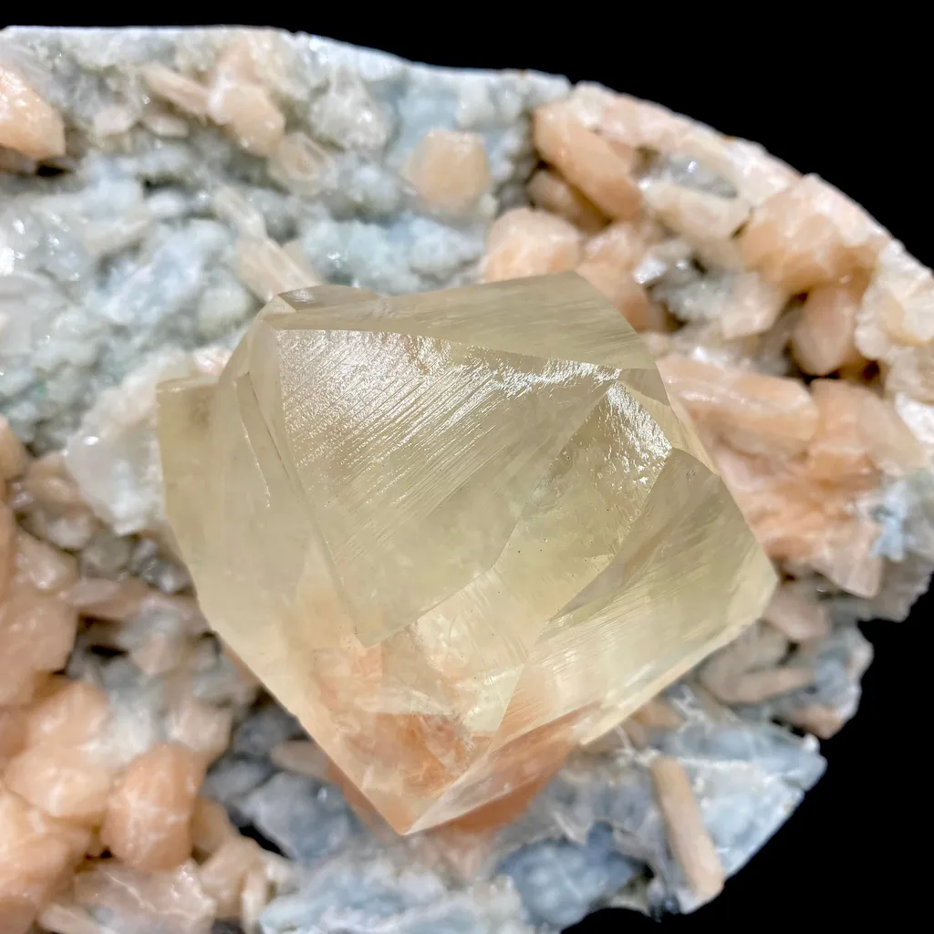 Rare Gemmy Calcite on Bright Orange Stilbite – Indian Zeolite Mineral Specimen from Jalgaon DK114 - image 3