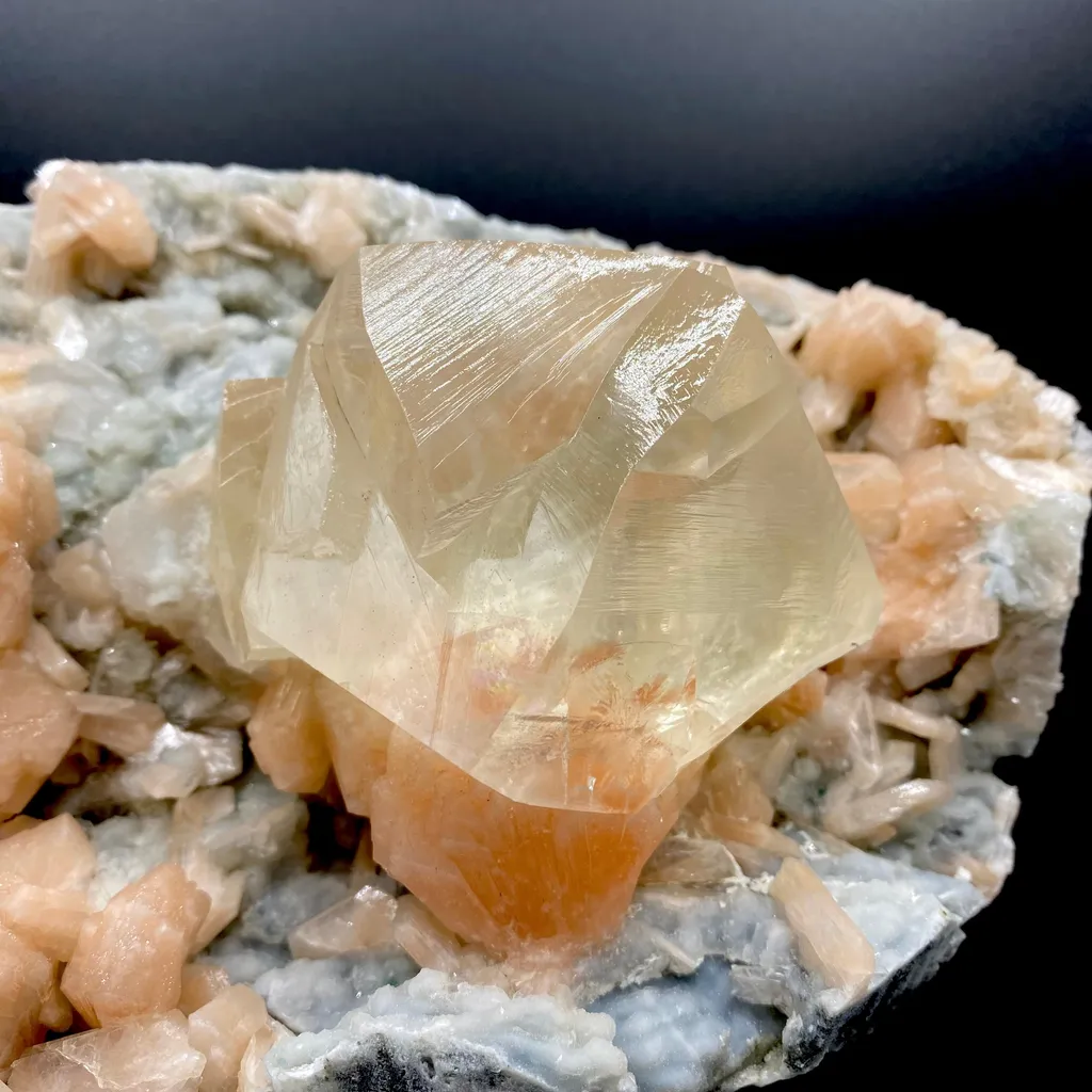 Rare Gemmy Calcite on Bright Orange Stilbite – Indian Zeolite Mineral Specimen from Jalgaon DK114 - image 2