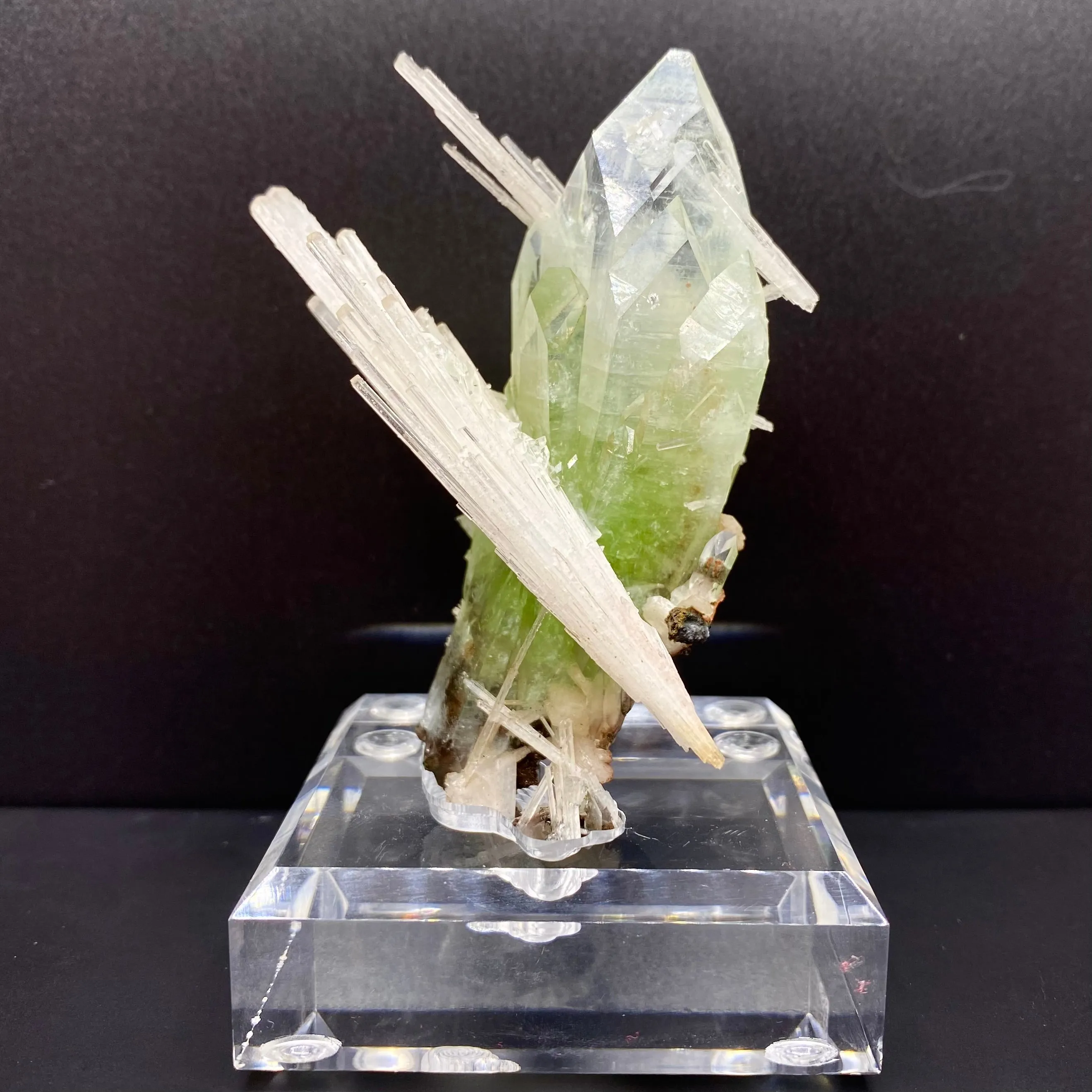 Rare Green Apophyllite with Scolecite on Custom Engraved Acrylic Base | Jalgaon, India Natural Mineral Specimen DK88 - image 1