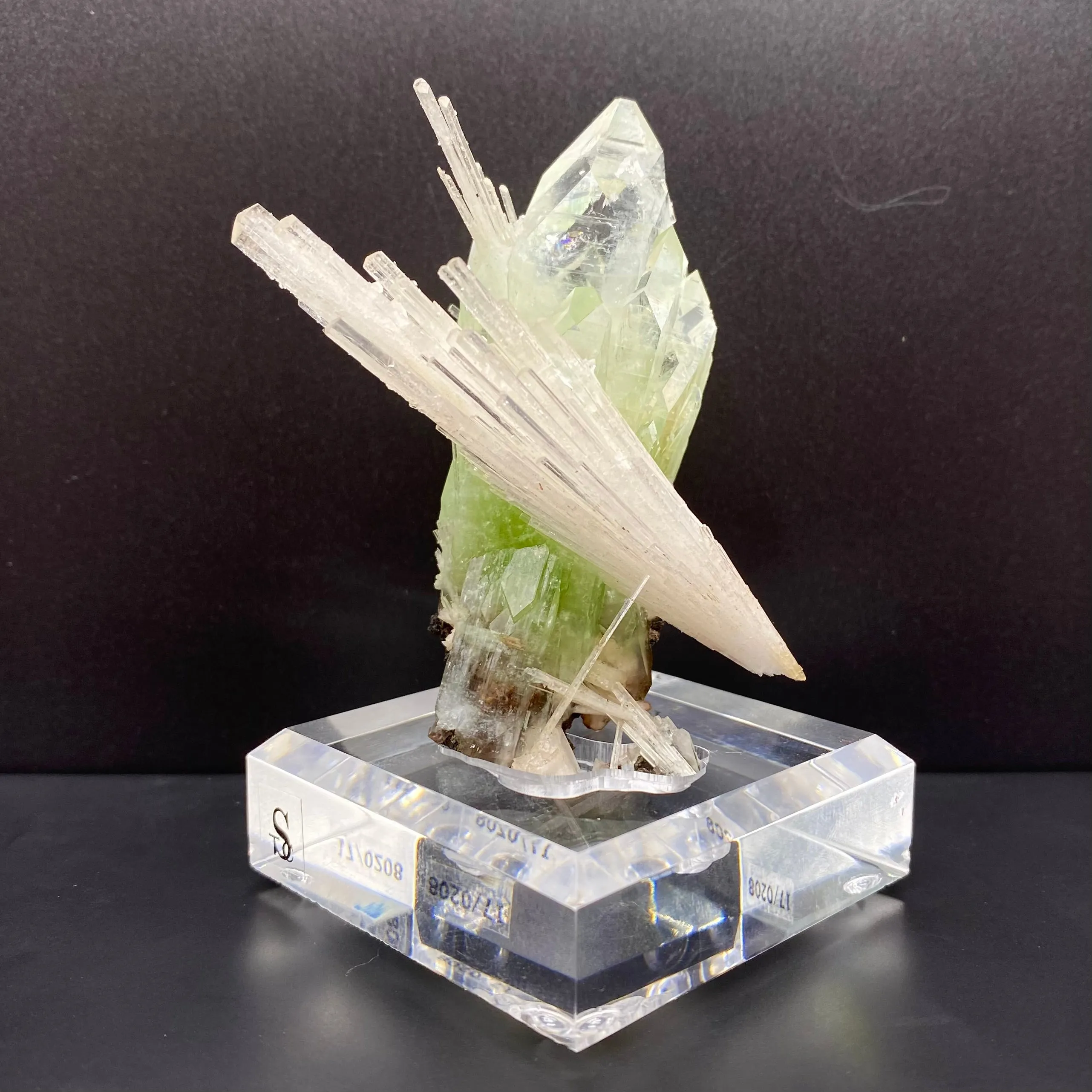Rare Green Apophyllite with Scolecite on Custom Engraved Acrylic Base | Jalgaon, India Natural Mineral Specimen DK88 - image 2