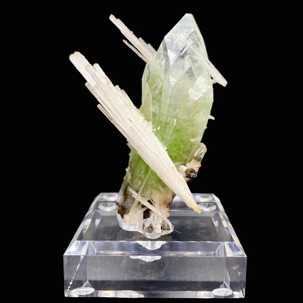 Rare Green Apophyllite with Scolecite on Custom Engraved Acrylic Base | Jalgaon, India Natural Mineral Specimen DK88 image