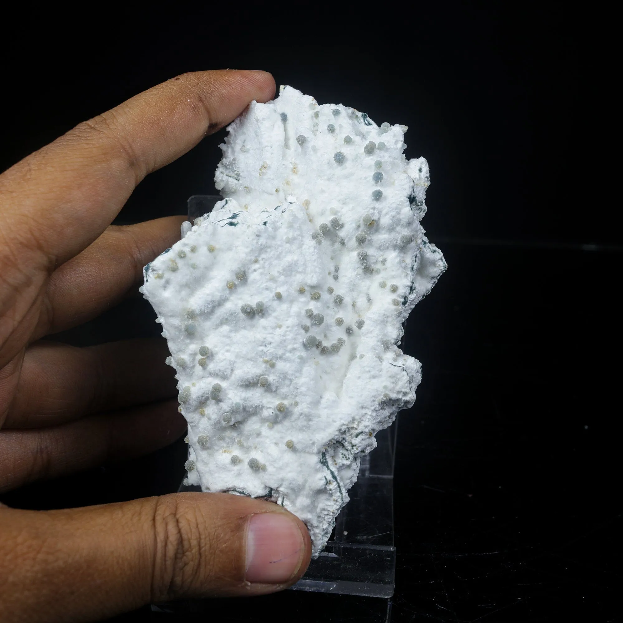 Rare Green Chalcedony on Okenite – Fibrous Indian Zeolite Mineral Specimen - image 4