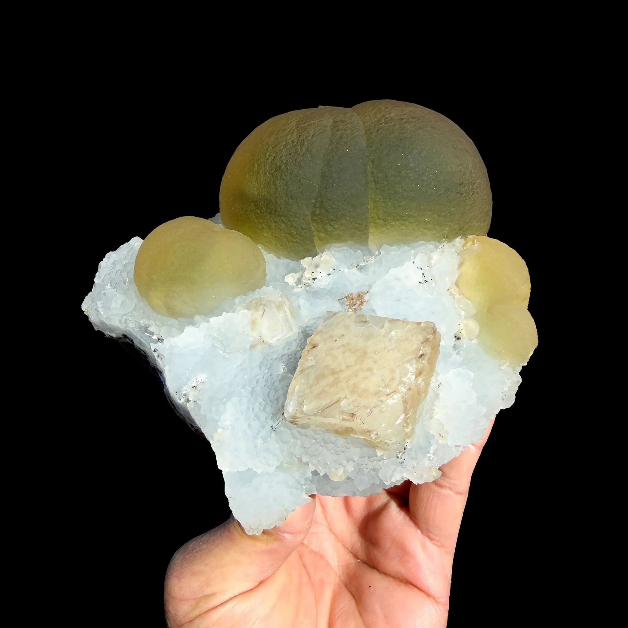 Rare Green Fluorite with Calcite on Sky Blue Chalcedony Fine Mineral Specimen – Large Display Collector Crystal from India - image 5