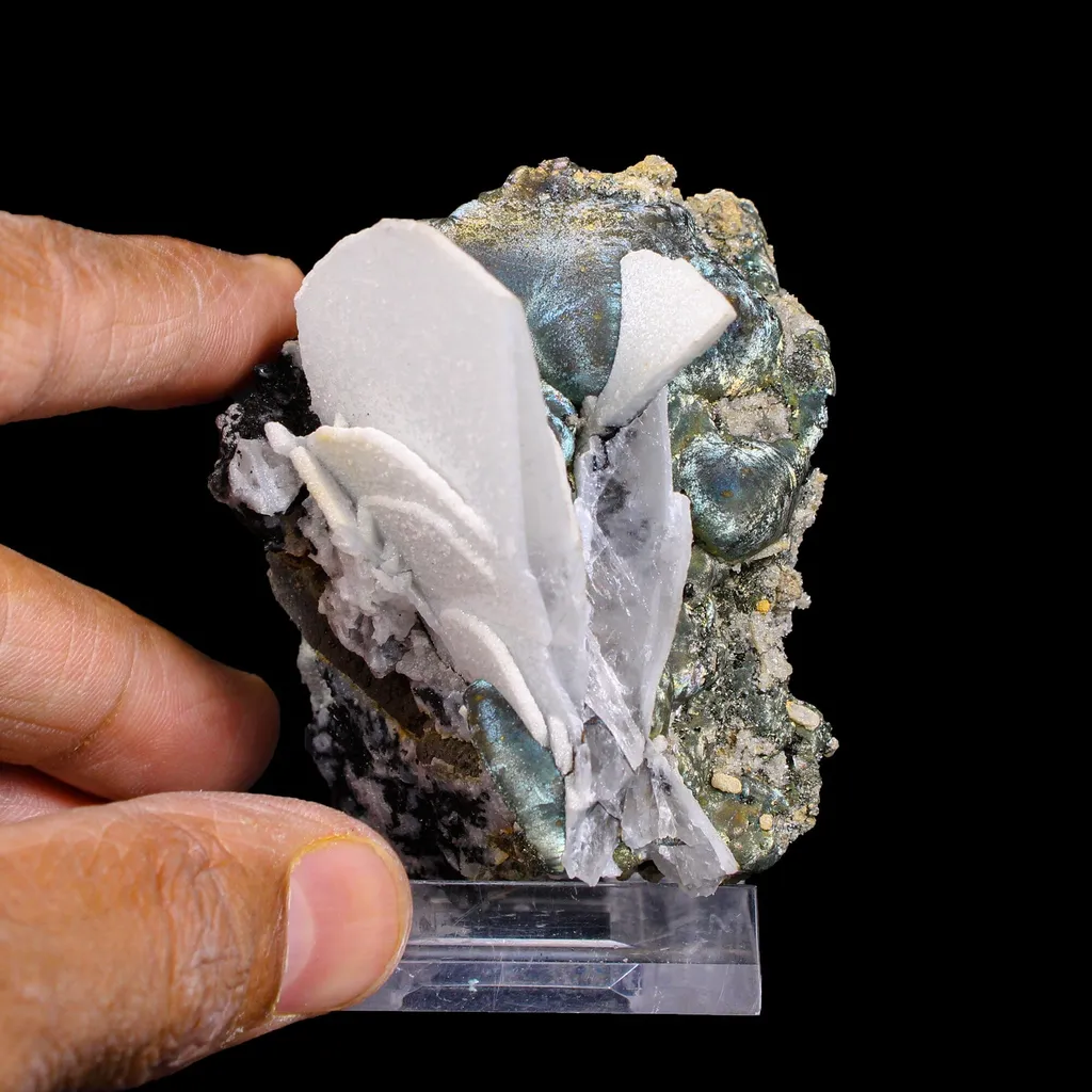 Rare Iridescent Pyrite with Calcite , Babingtonite – UV Reactive Collector Display Mineral Specimen from Mumbai - image 7