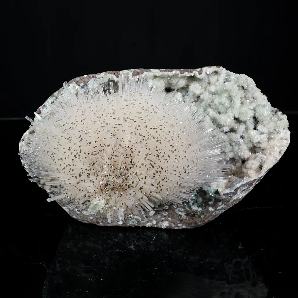 Rare Museum-Grade White Mesolite Spray on Heulandite Matrix – Self-Standing Natural Zeolite Mineral Specimen from Pune, India image